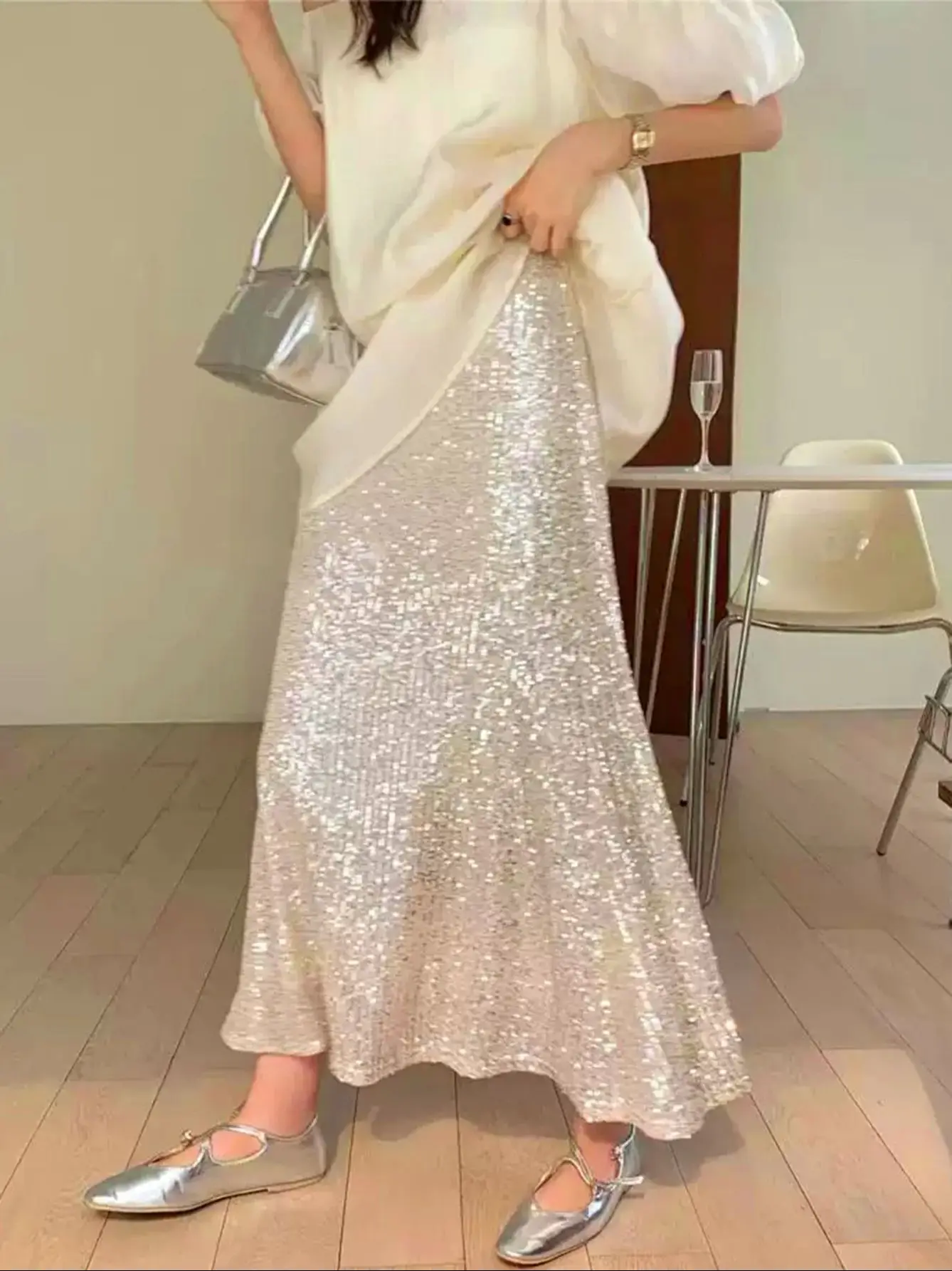 Shiny Sequin Fish Tail Skirt Women's High Waist Mid-Length Slimming A-Line Wraparound Skirt Elegant Trendy Half Body Skirt