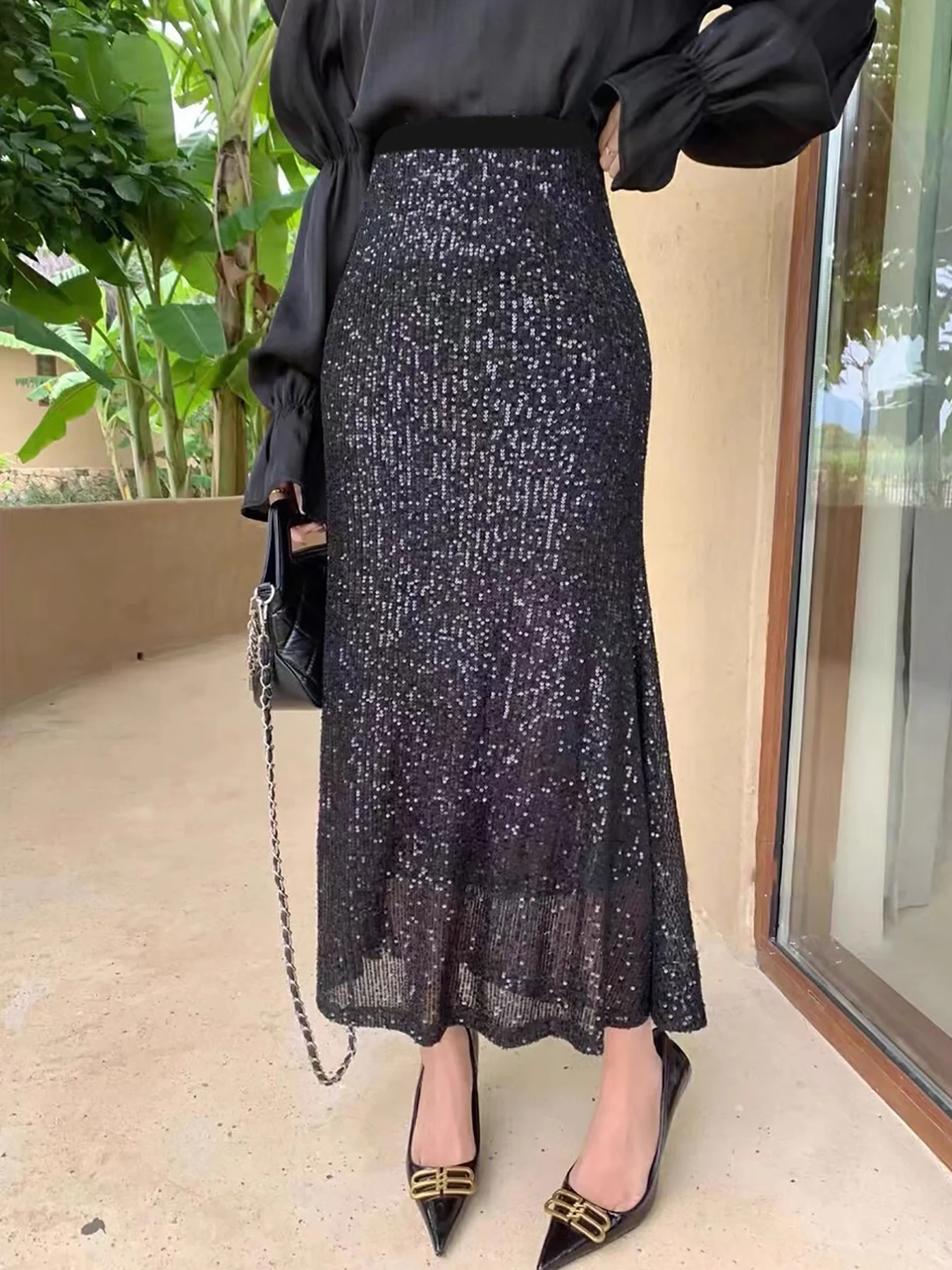Shiny Sequin Fish Tail Skirt Women's High Waist Mid-Length Slimming A-Line Wraparound Skirt Elegant Trendy Half Body Skirt