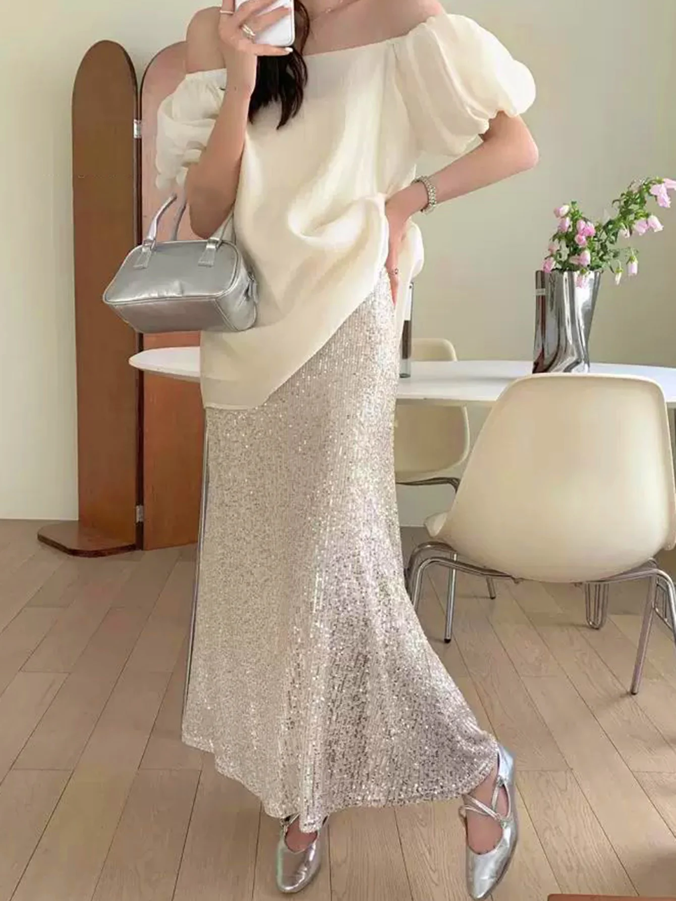 Shiny Sequin Fish Tail Skirt Women's High Waist Mid-Length Slimming A-Line Wraparound Skirt Elegant Trendy Half Body Skirt