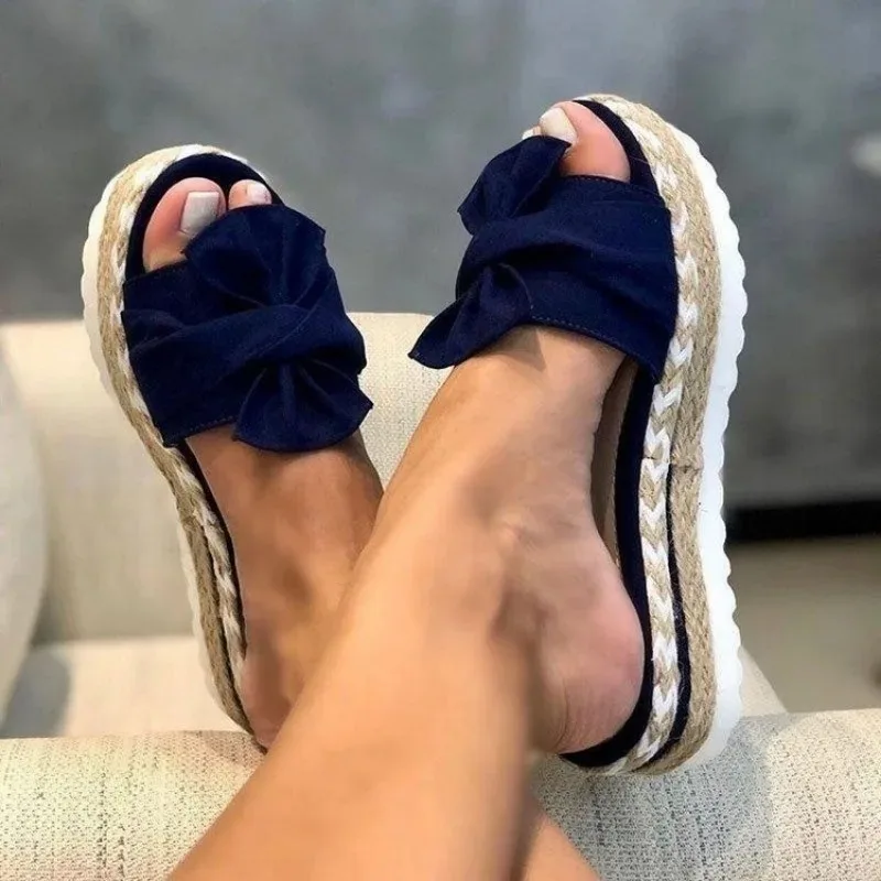 Women Bowknot Weave Sandals Wedge bottom Casual Daily Comfy no Slip vacation beach Slippers Elegant Summer Breathbale shoes