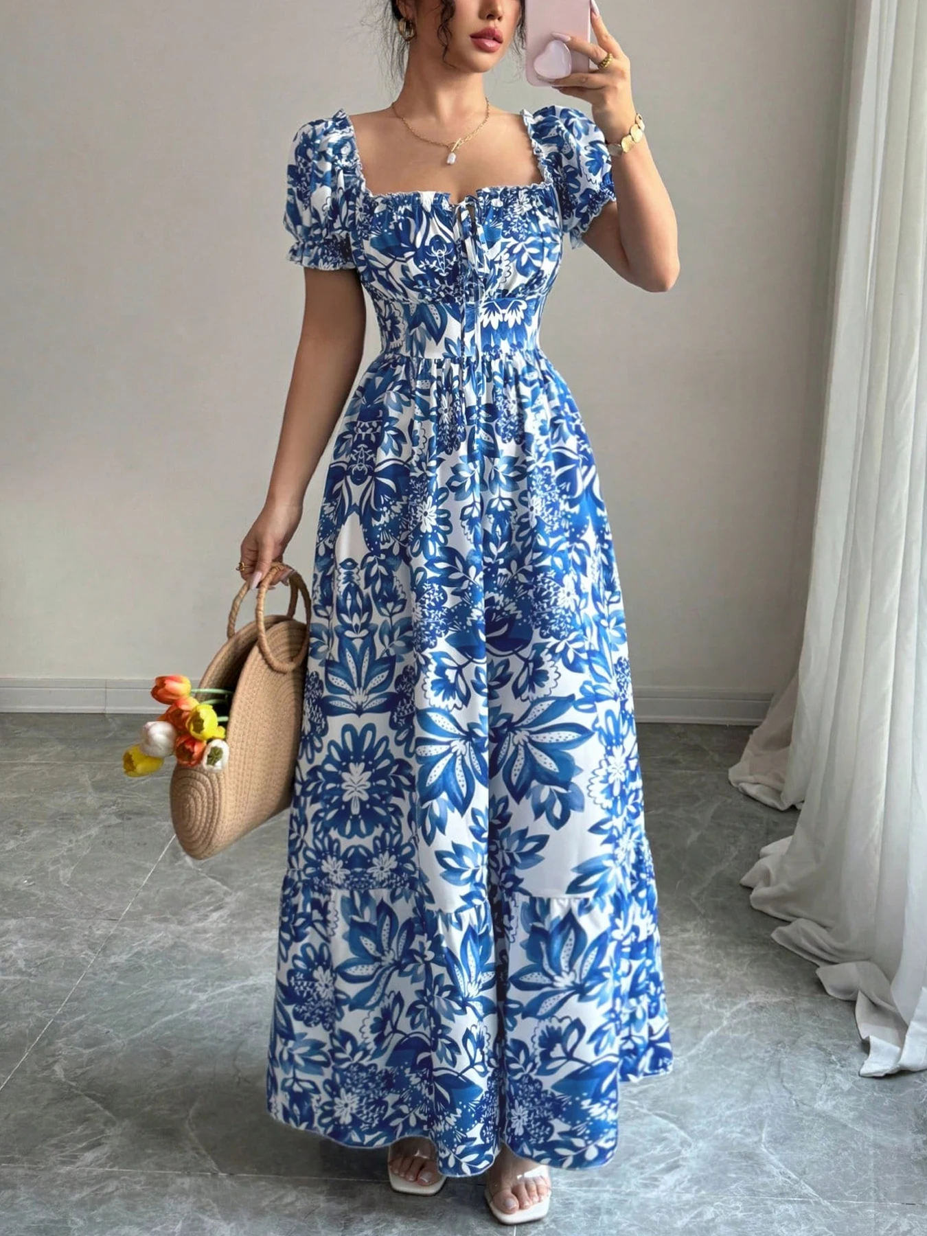 Women's Casual Dresses Puff Sleeve Floral Print Tie Front Dress Boho Dress Vacation Beach Picnic Date Party Summer Dress