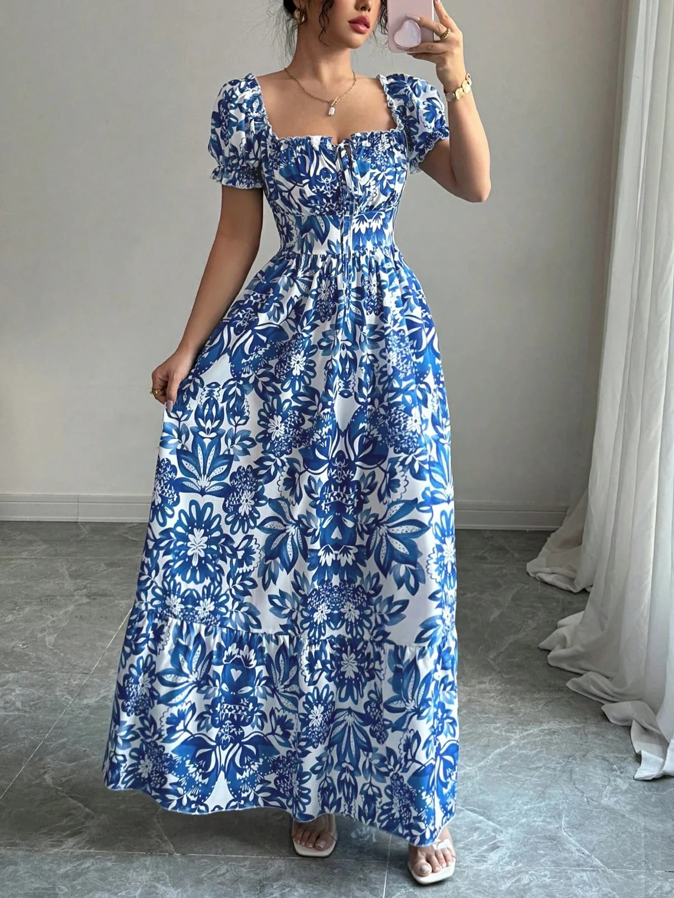 Women's Casual Dresses Puff Sleeve Floral Print Tie Front Dress Boho Dress Vacation Beach Picnic Date Party Summer Dress