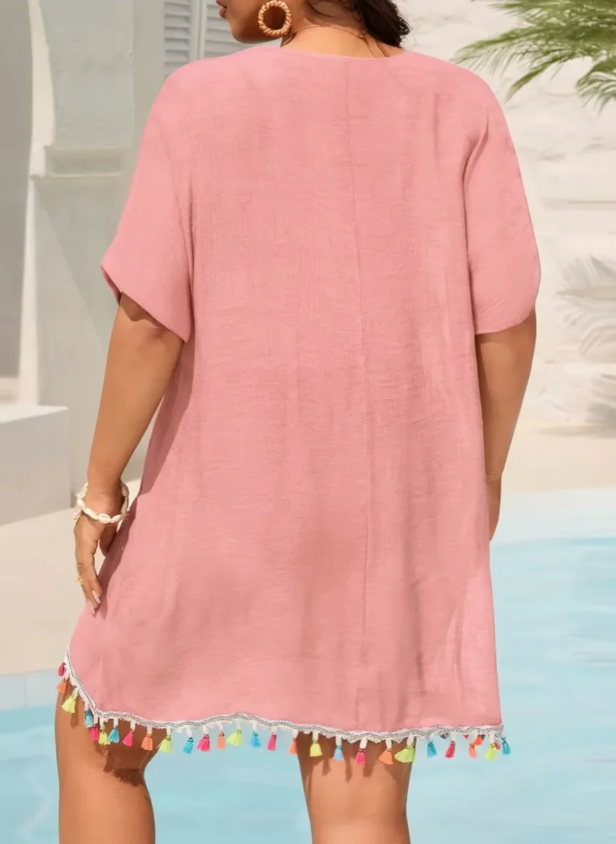 MOXDOWomen's Plus Size Bohemian Crochet Beach Dress, Loose Flowy Vacation Cover-up with Tassels