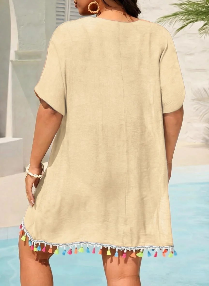 MOXDOWomen's Plus Size Bohemian Crochet Beach Dress, Loose Flowy Vacation Cover-up with Tassels