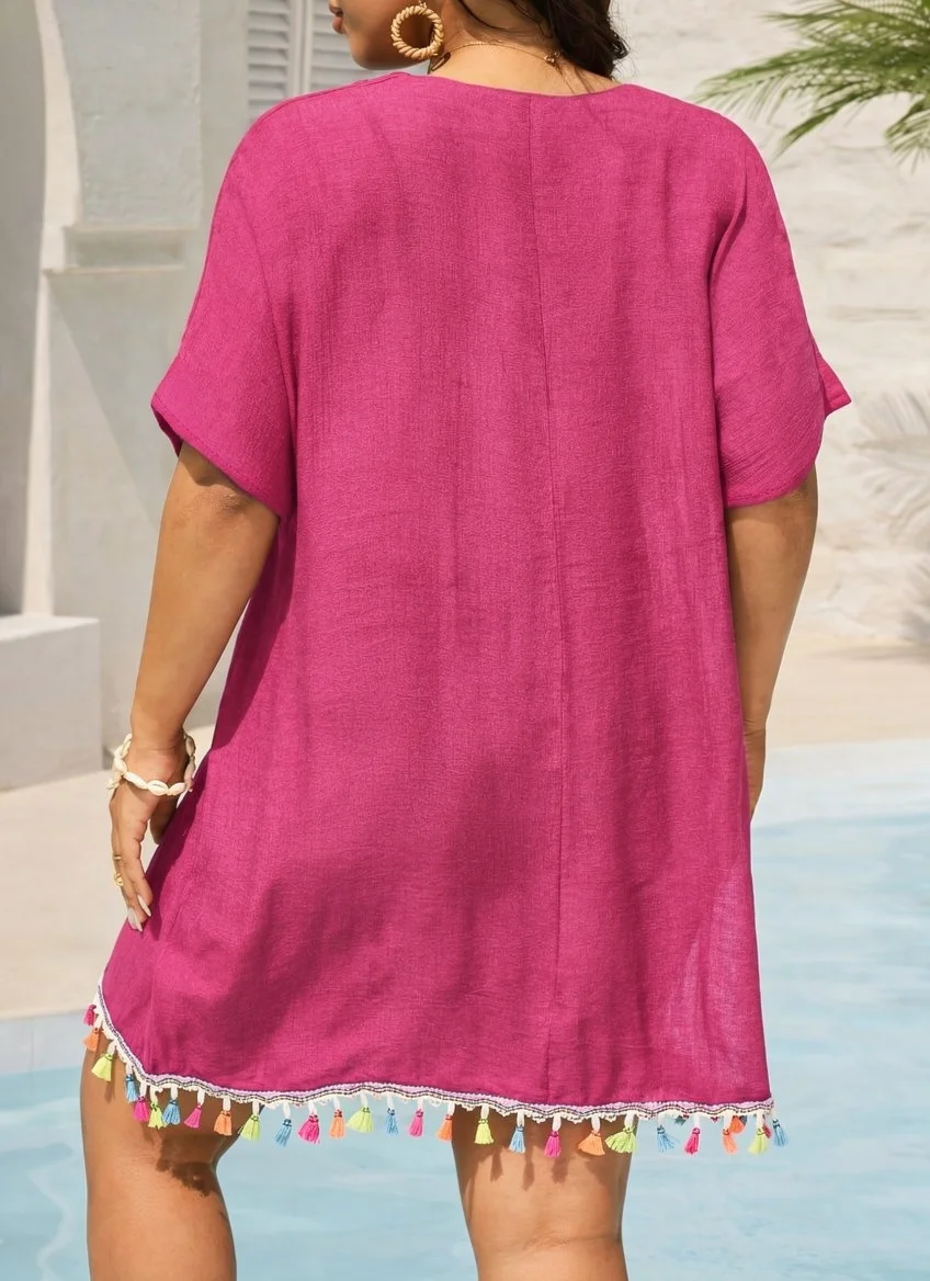MOXDOWomen's Plus Size Bohemian Crochet Beach Dress, Loose Flowy Vacation Cover-up with Tassels