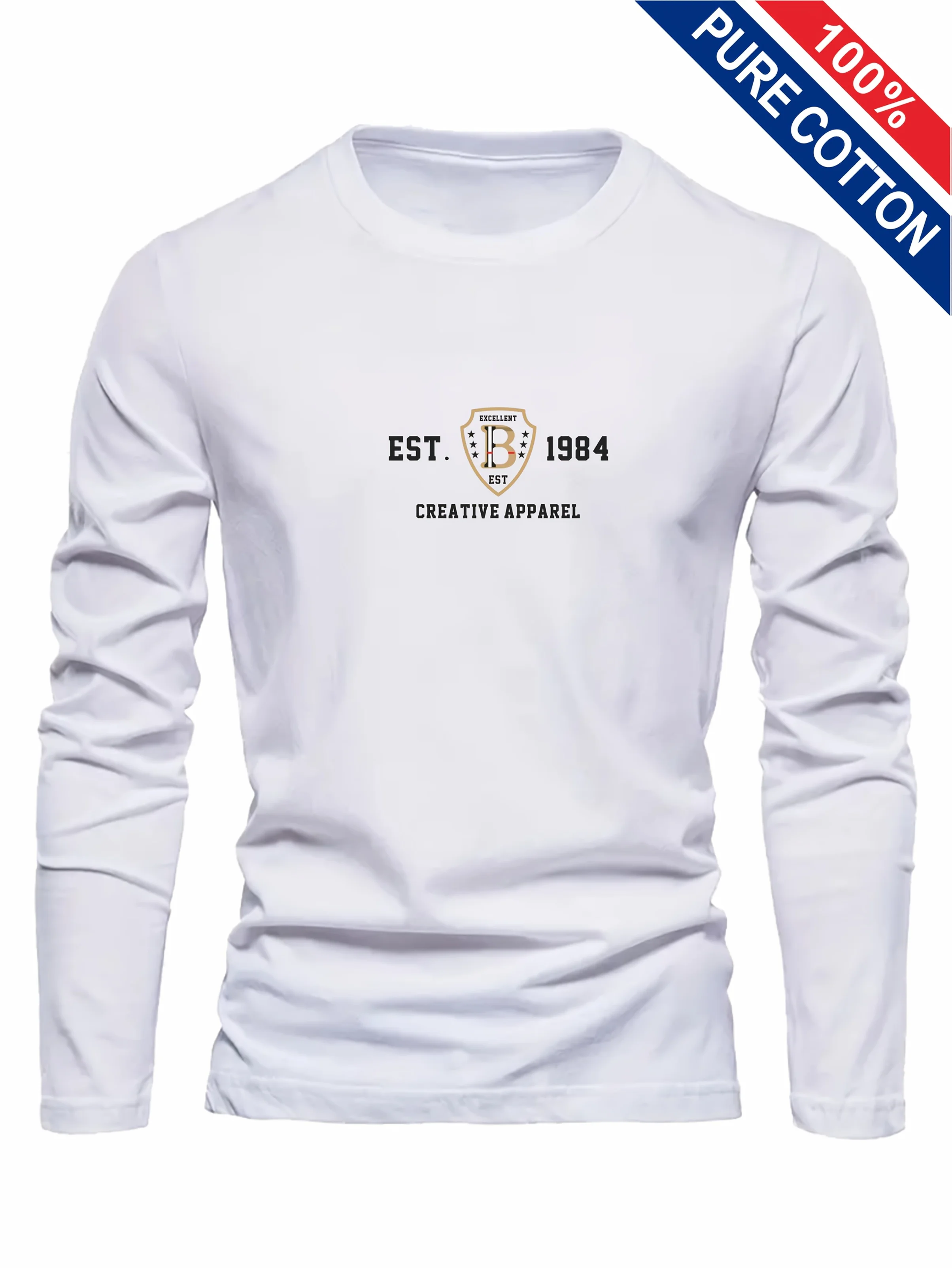 Men's 100% Pure Cotton Loose and Comfortable Casual Sports THE ORIGINALS Letter Printed Round Neck Long Sleeved T-Shirt Top