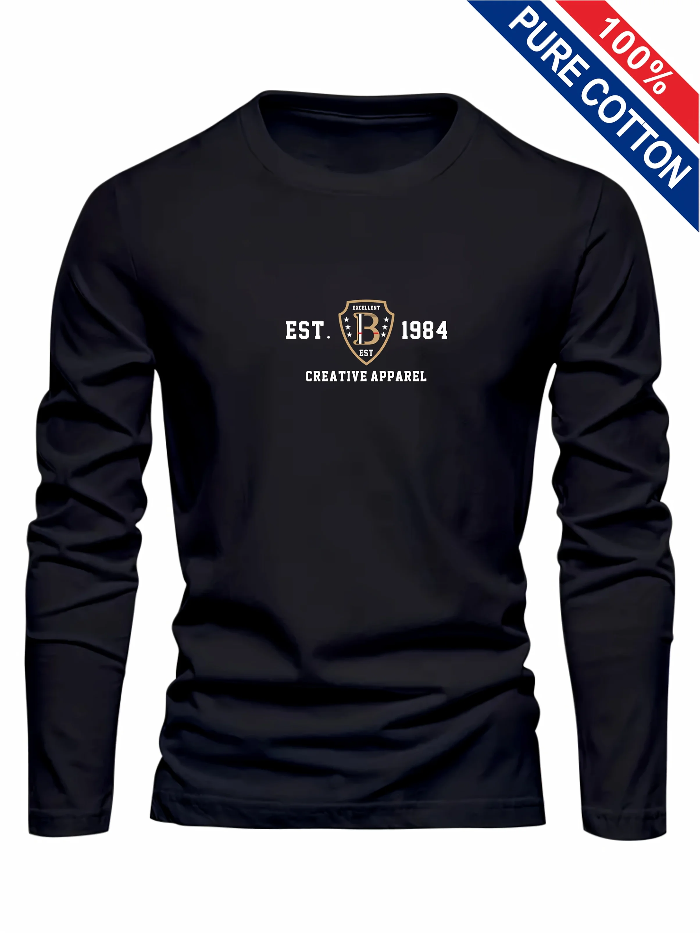 Men's 100% Pure Cotton Loose and Comfortable Casual Sports THE ORIGINALS Letter Printed Round Neck Long Sleeved T-Shirt Top