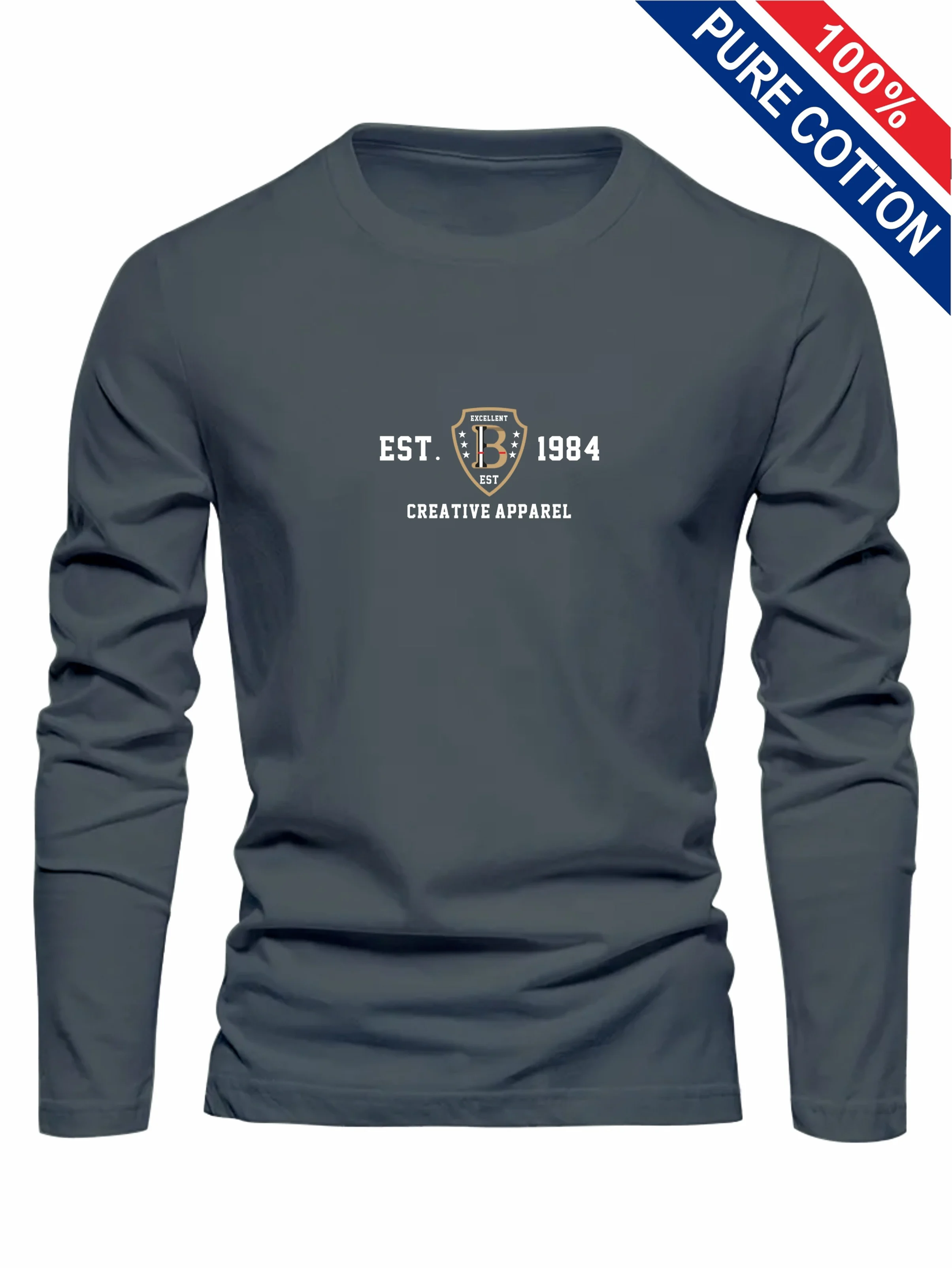 Men's 100% Pure Cotton Loose and Comfortable Casual Sports THE ORIGINALS Letter Printed Round Neck Long Sleeved T-Shirt Top
