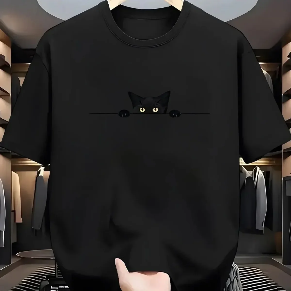 Korean Style Cute Peeking Black Cat Print T-Shirt Minimalist Casual Short Sleeve Top for Men Women Retro Street Style Versatile