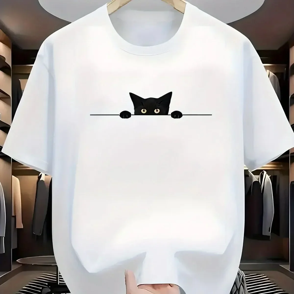 Korean Style Cute Peeking Black Cat Print T-Shirt Minimalist Casual Short Sleeve Top for Men Women Retro Street Style Versatile