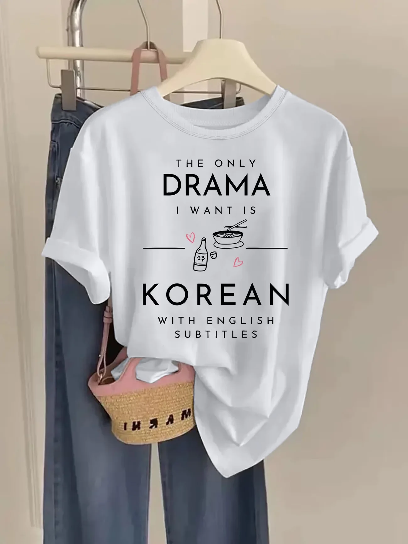 The Only Drama I Want Is Korean With English Subtitles T Shirt Funny K-Drama Fan Gift Unisex Graphic Harajuku Loose Summer Tops