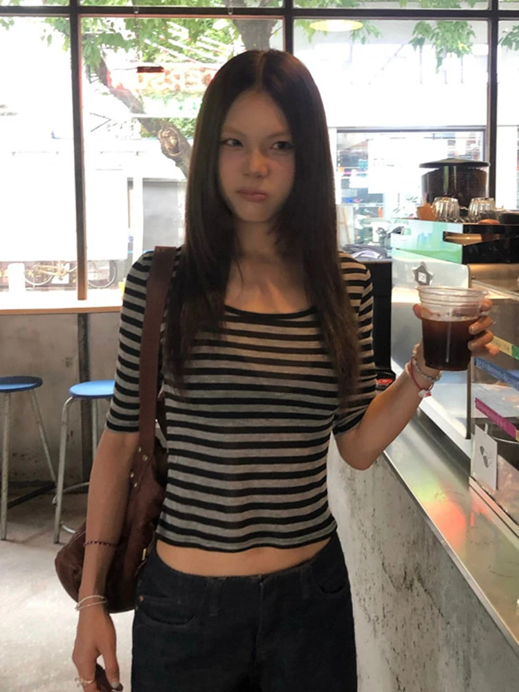 Tonngirls Y2k Vintage Tops Women Three Quarter Sleeve Striped T Shirt Streetwear See Through American Retro Crop Tops Fairycore