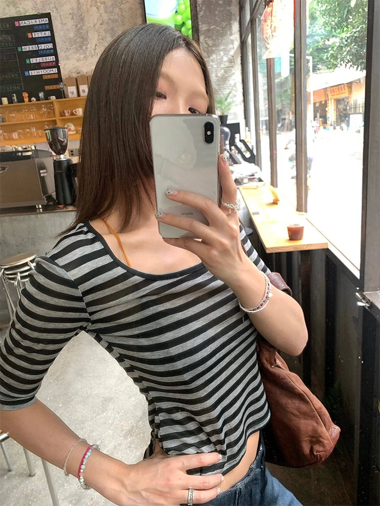 Tonngirls Y2k Vintage Tops Women Three Quarter Sleeve Striped T Shirt Streetwear See Through American Retro Crop Tops Fairycore