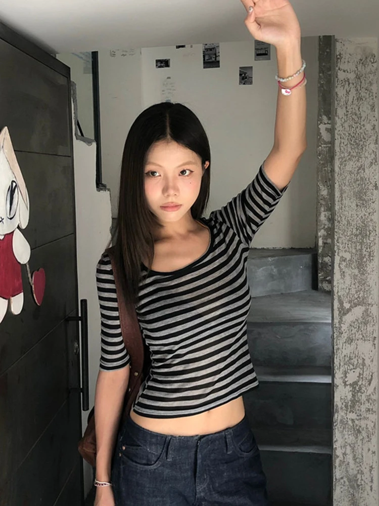 Tonngirls Y2k Vintage Tops Women Three Quarter Sleeve Striped T Shirt Streetwear See Through American Retro Crop Tops Fairycore