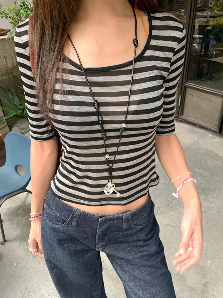Tonngirls Y2k Vintage Tops Women Three Quarter Sleeve Striped T Shirt Streetwear See Through American Retro Crop Tops Fairycore