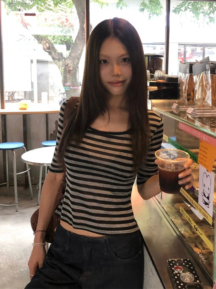 Tonngirls Y2k Vintage Tops Women Three Quarter Sleeve Striped T Shirt Streetwear See Through American Retro Crop Tops Fairycore