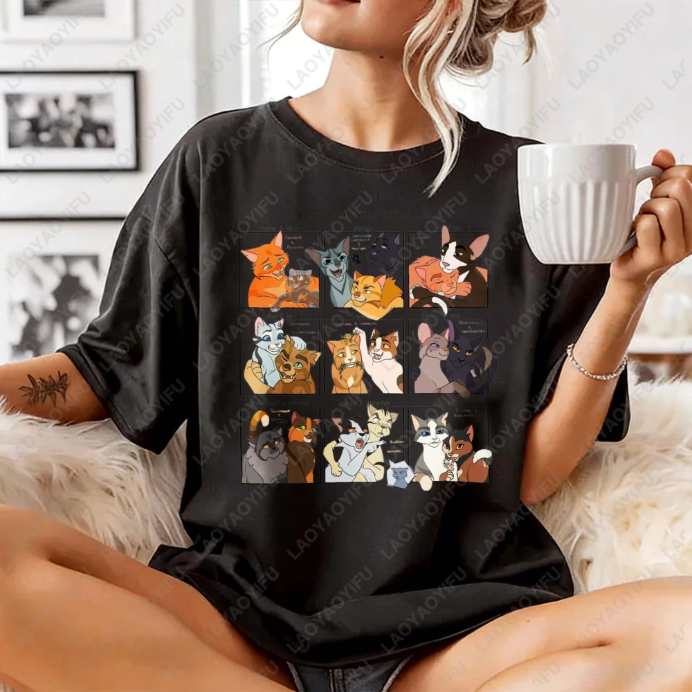 Warriors Cats Cartoon Print Unisex Cotton T-Shirt Summer Casual Top for Men Women Asual Crew Neck Short Sleeve