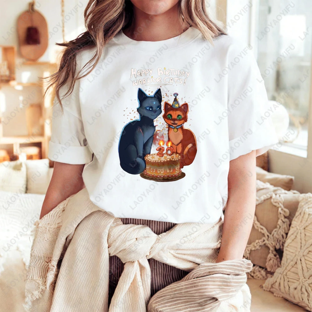 Warriors Cats Cartoon Print Unisex Cotton T-Shirt Summer Casual Top for Men Women Asual Crew Neck Short Sleeve