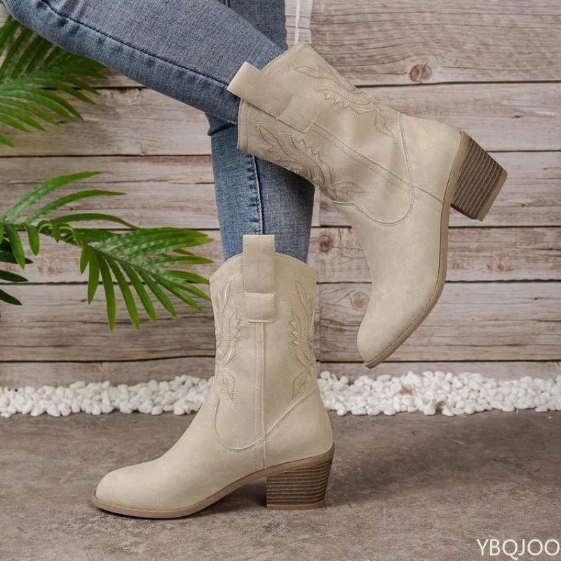 Elegant comfortable women's shoes autumn winter embroidered thick heel women's boots retro minimalist midsole pointed boots