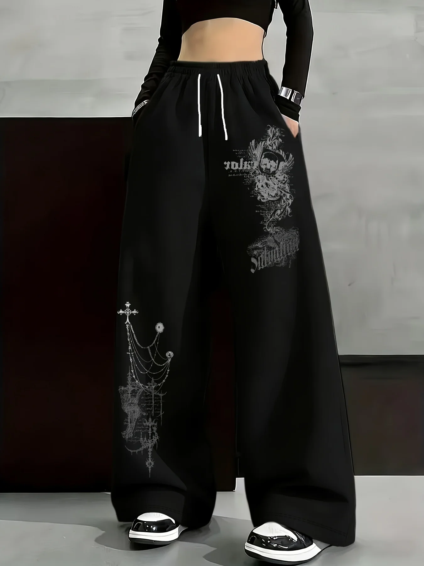 22026 Summer Kids Fast Dry Loose Pants Black Grey Gothic Skull & Cross Print Drawstring Elastic Waist Casual Streetwear Trousers
