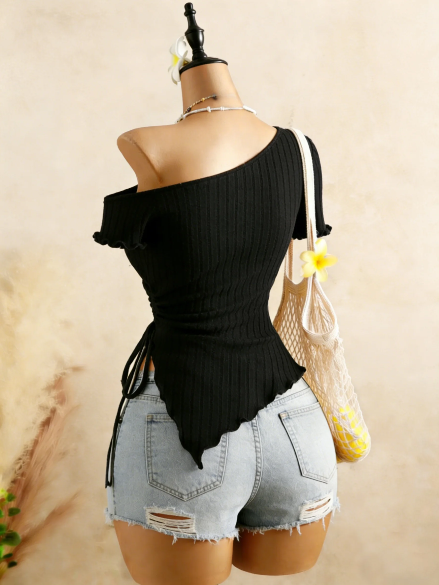 Women Ribbed One Shoulder Asymmetrical Top Casual Short Sleeve Ruffle Hem Drawstring Ruched Top