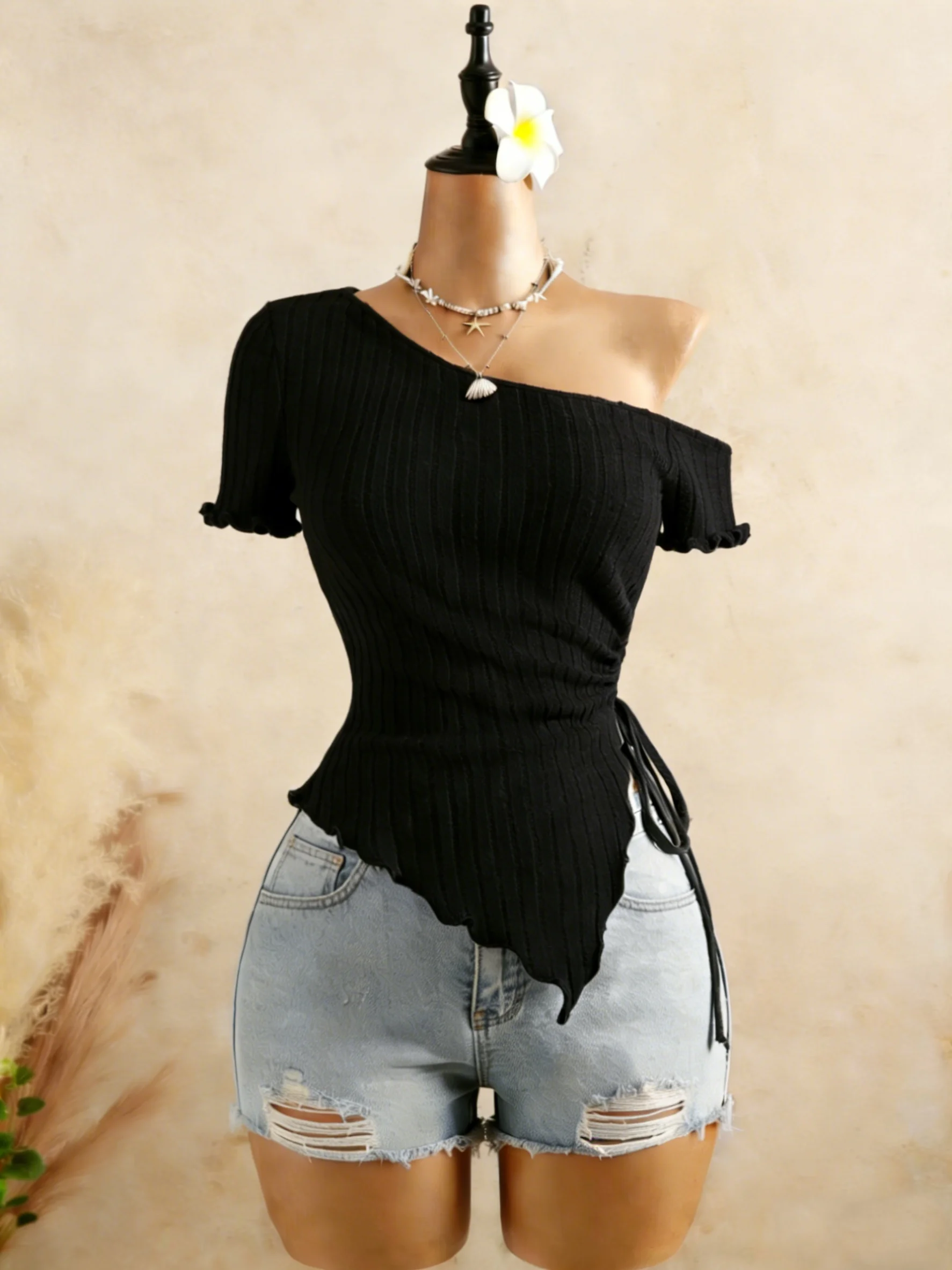 Women Ribbed One Shoulder Asymmetrical Top Casual Short Sleeve Ruffle Hem Drawstring Ruched Top