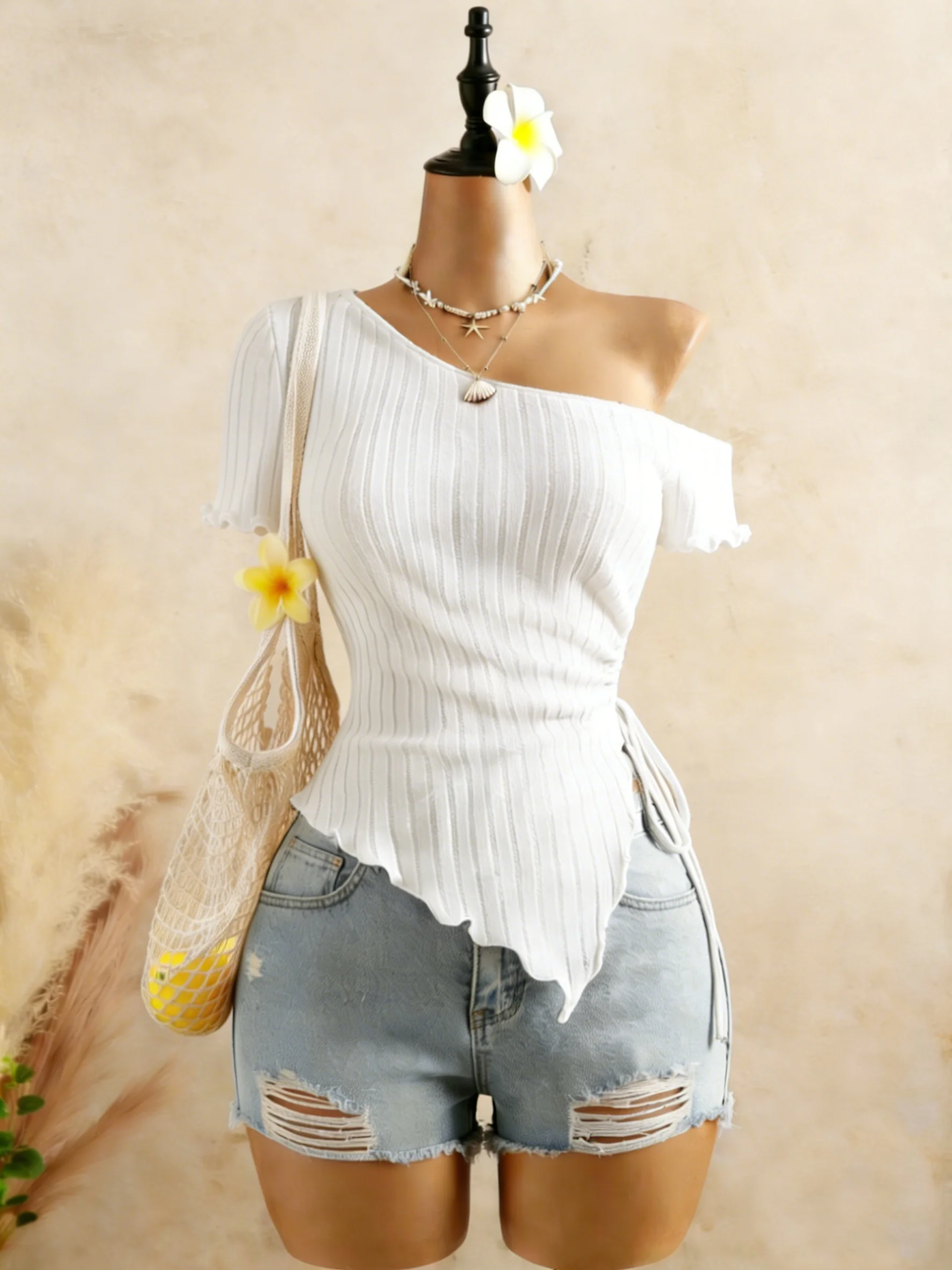 Women Ribbed One Shoulder Asymmetrical Top Casual Short Sleeve Ruffle Hem Drawstring Ruched Top