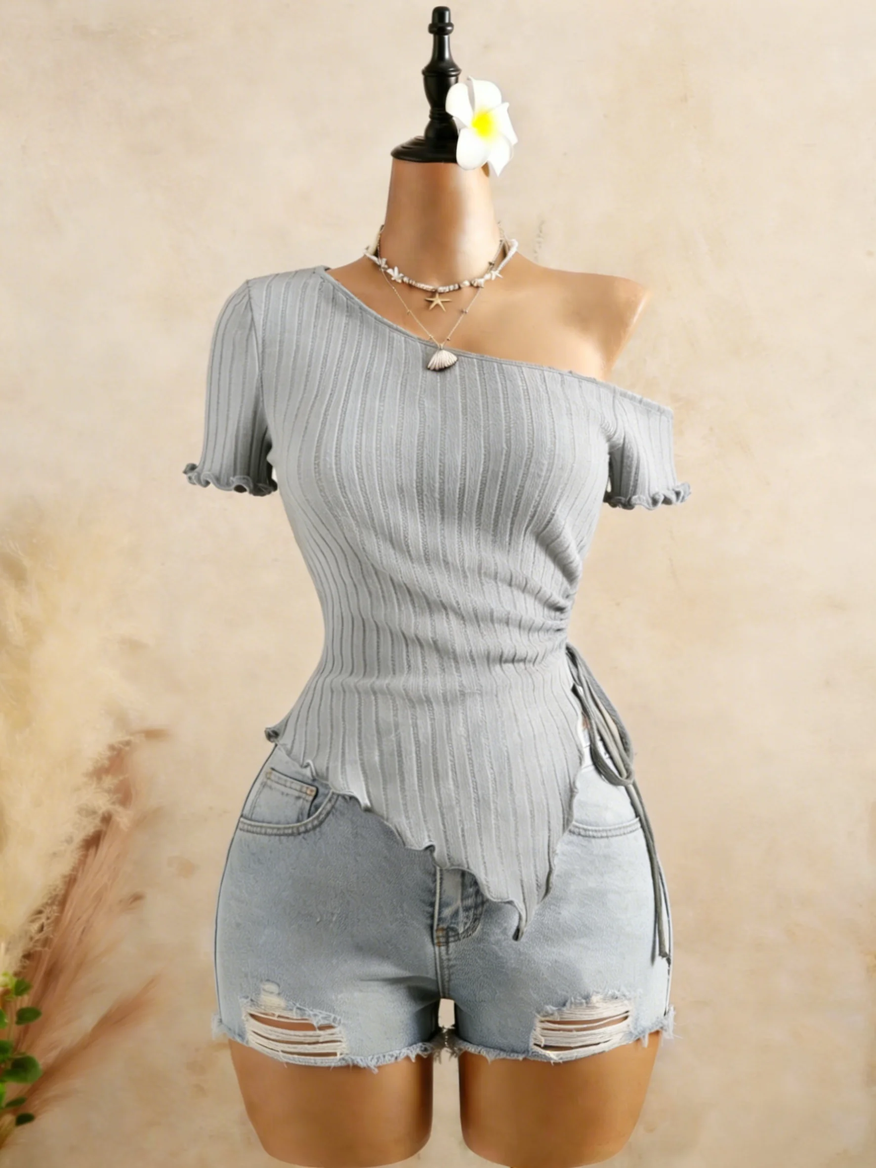 Women Ribbed One Shoulder Asymmetrical Top Casual Short Sleeve Ruffle Hem Drawstring Ruched Top