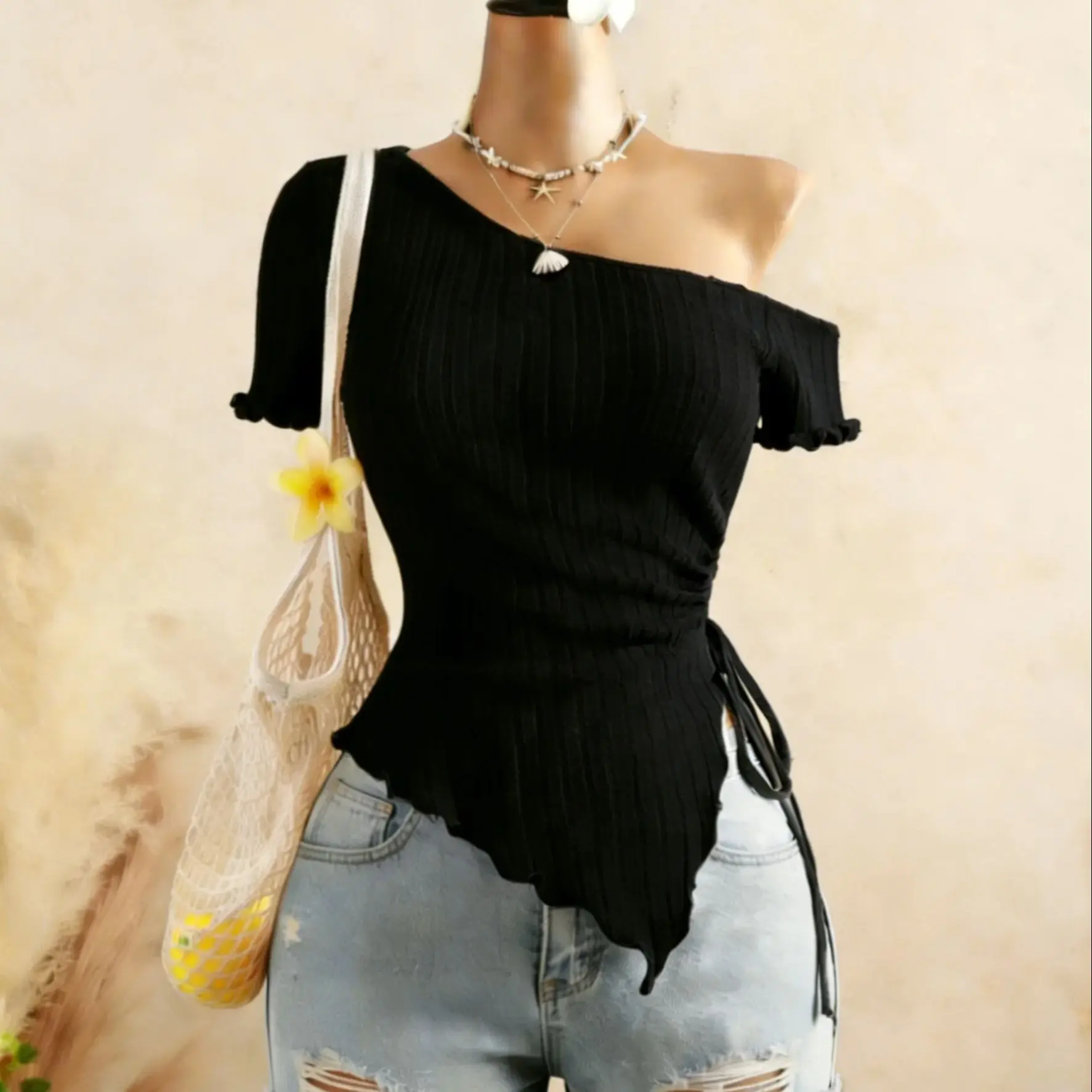 Women Ribbed One Shoulder Asymmetrical Top Casual Short Sleeve Ruffle Hem Drawstring Ruched Top