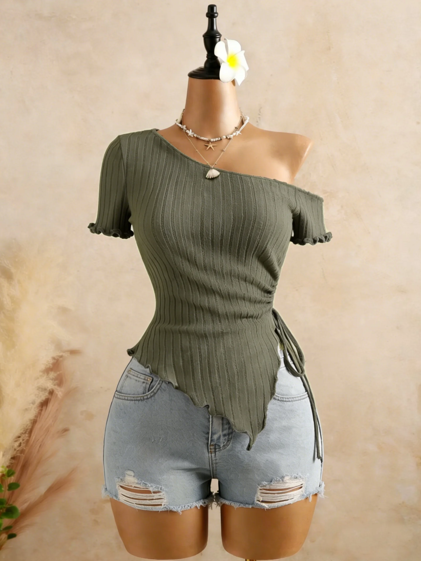 Women Ribbed One Shoulder Asymmetrical Top Casual Short Sleeve Ruffle Hem Drawstring Ruched Top