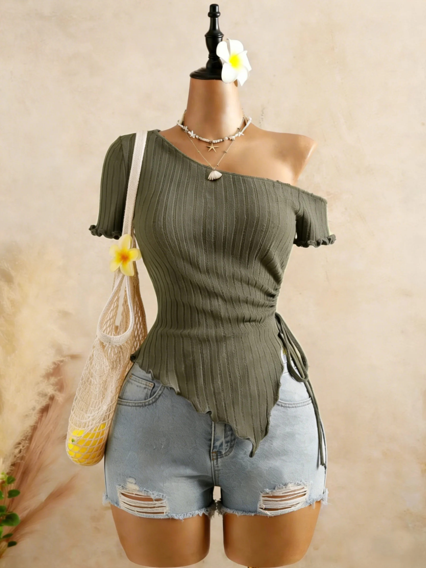 Women Ribbed One Shoulder Asymmetrical Top Casual Short Sleeve Ruffle Hem Drawstring Ruched Top