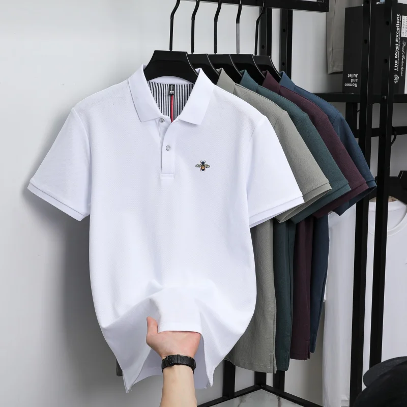 100% pure cotton summer fashion brand new men's short sleeved polo shirt exquisite bee embroidery casual breathable T-shirt top