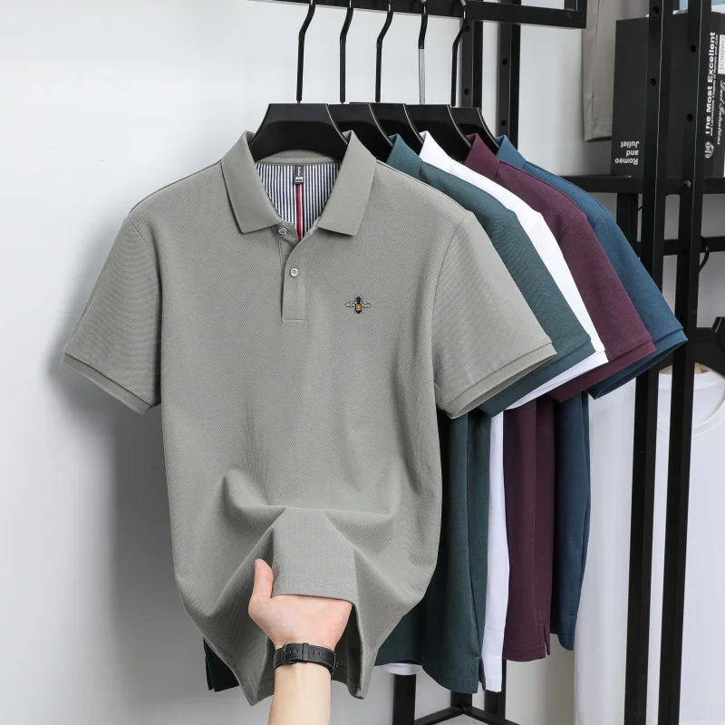 100% pure cotton summer fashion brand new men's short sleeved polo shirt exquisite bee embroidery casual breathable T-shirt top