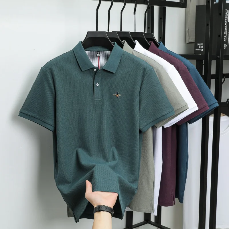 100% pure cotton summer fashion brand new men's short sleeved polo shirt exquisite bee embroidery casual breathable T-shirt top