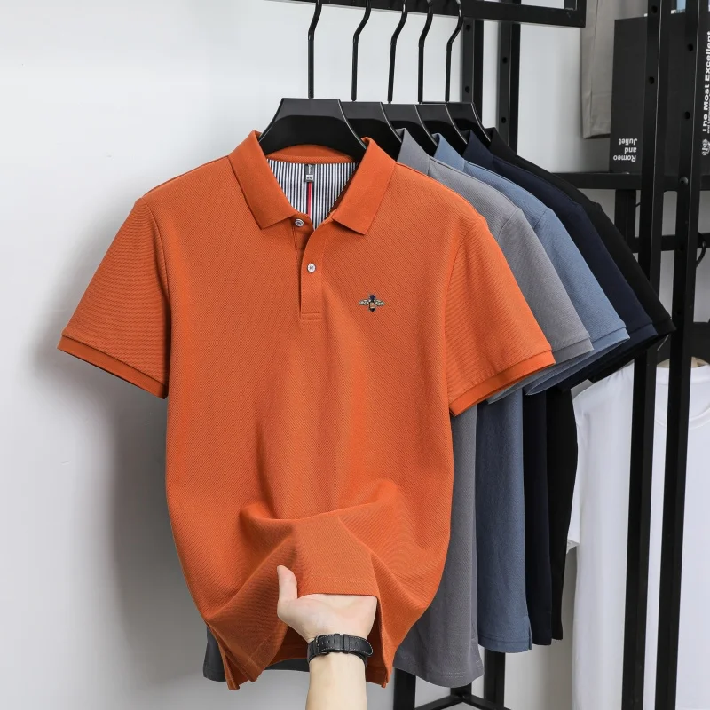 100% pure cotton summer fashion brand new men's short sleeved polo shirt exquisite bee embroidery casual breathable T-shirt top