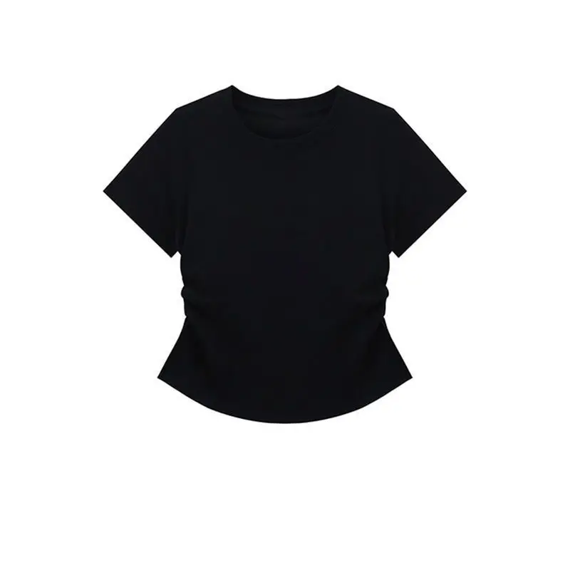 Y2K T Shirt Women Waist Gathered Slim Fit Short Sleeve Solid Color Summer Casual Streetwear Korean Fashion Vintage Women Clothes