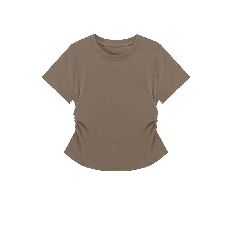 Y2K T Shirt Women Waist Gathered Slim Fit Short Sleeve Solid Color Summer Casual Streetwear Korean Fashion Vintage Women Clothes