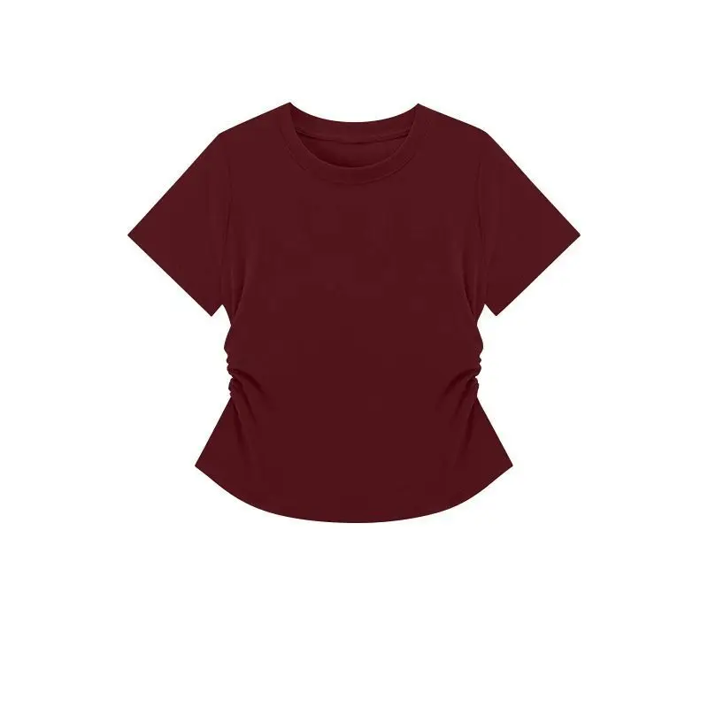Y2K T Shirt Women Waist Gathered Slim Fit Short Sleeve Solid Color Summer Casual Streetwear Korean Fashion Vintage Women Clothes