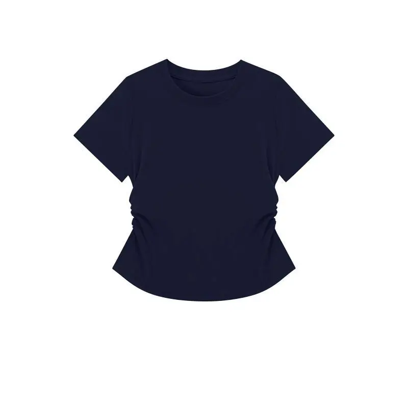 Y2K T Shirt Women Waist Gathered Slim Fit Short Sleeve Solid Color Summer Casual Streetwear Korean Fashion Vintage Women Clothes