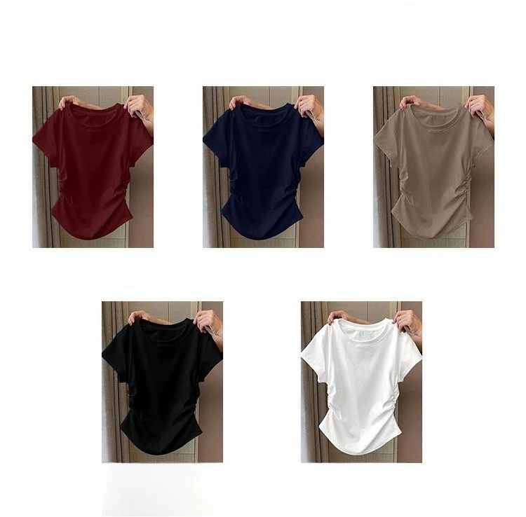 Y2K T Shirt Women Waist Gathered Slim Fit Short Sleeve Solid Color Summer Casual Streetwear Korean Fashion Vintage Women Clothes