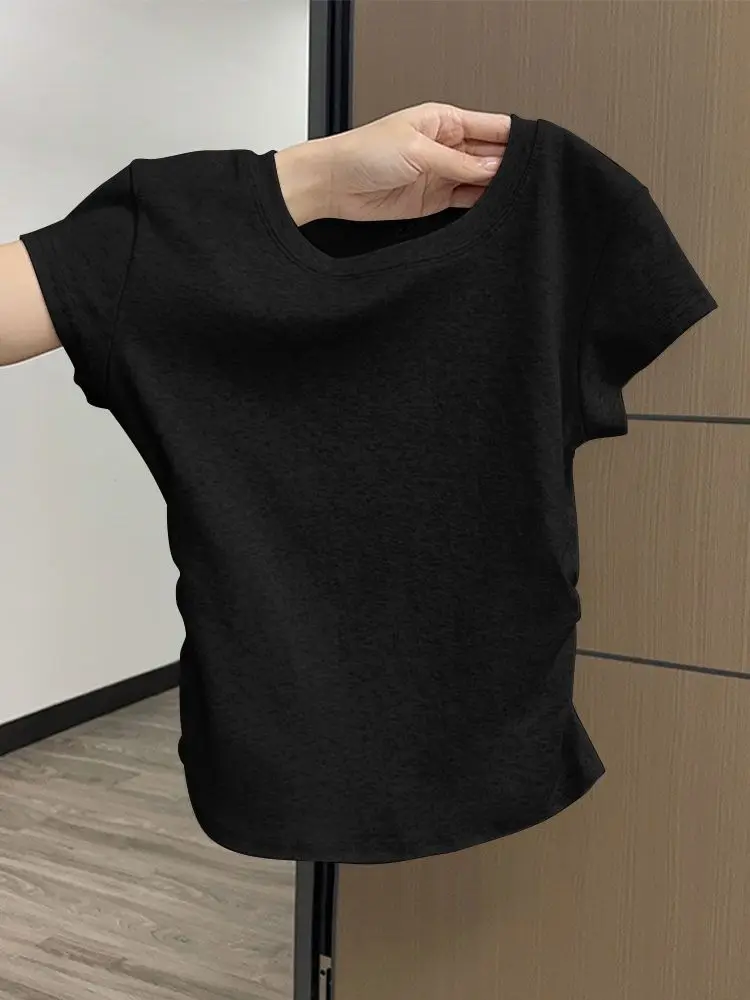 Y2K T Shirt Women Waist Gathered Slim Fit Short Sleeve Solid Color Summer Casual Streetwear Korean Fashion Vintage Women Clothes