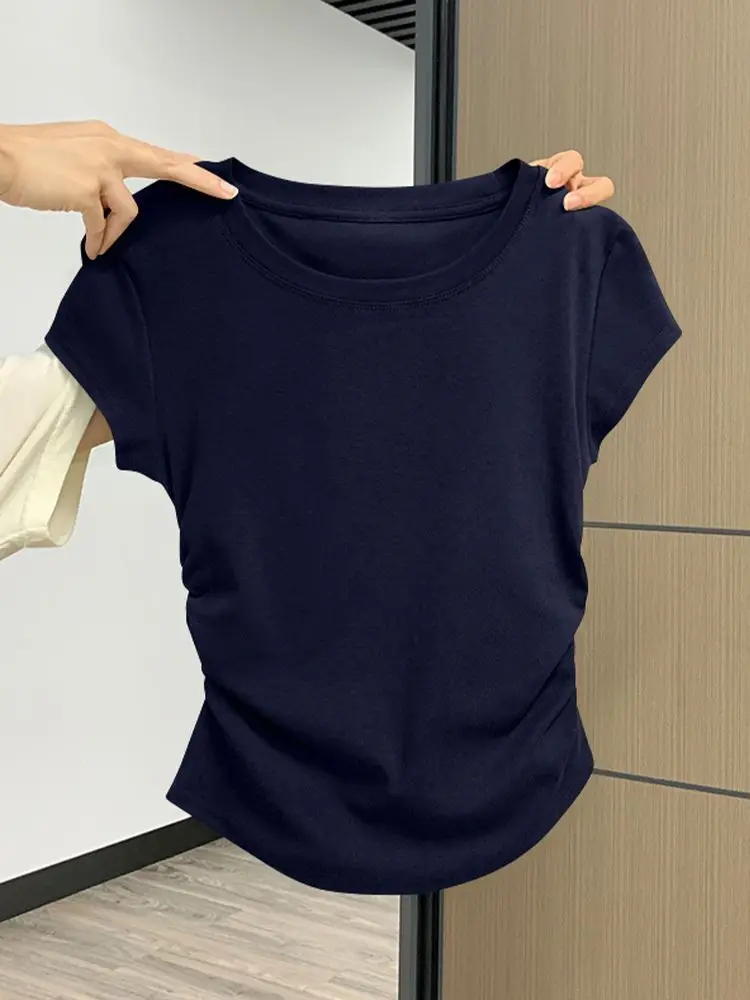 Y2K T Shirt Women Waist Gathered Slim Fit Short Sleeve Solid Color Summer Casual Streetwear Korean Fashion Vintage Women Clothes