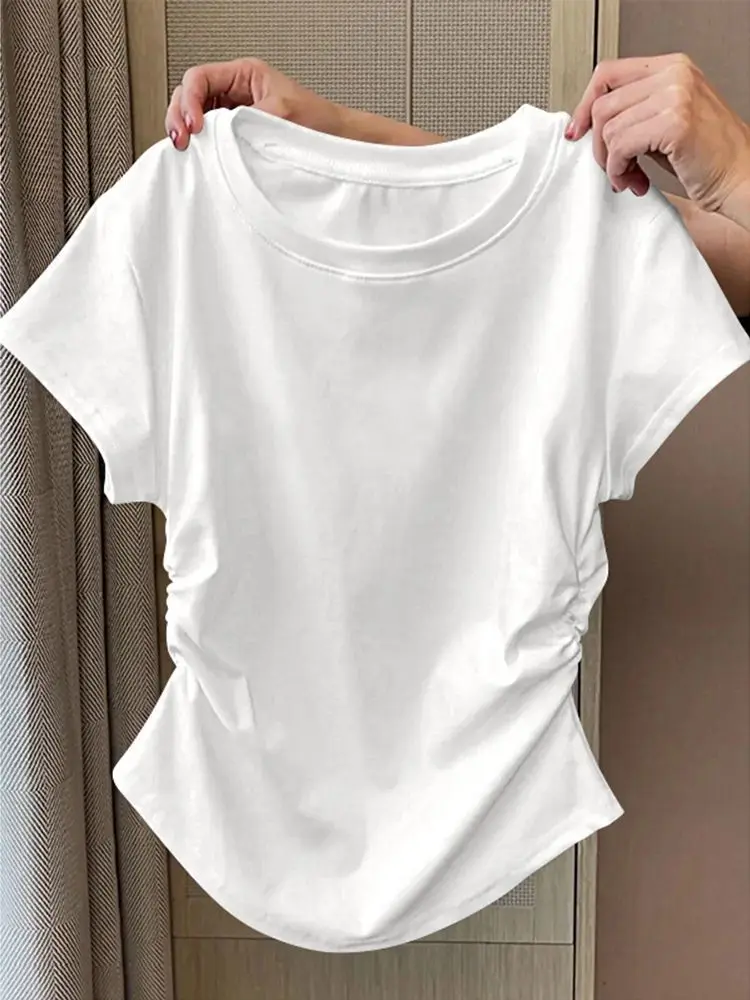 Y2K T Shirt Women Waist Gathered Slim Fit Short Sleeve Solid Color Summer Casual Streetwear Korean Fashion Vintage Women Clothes