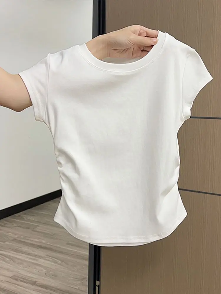 Y2K T Shirt Women Waist Gathered Slim Fit Short Sleeve Solid Color Summer Casual Streetwear Korean Fashion Vintage Women Clothes