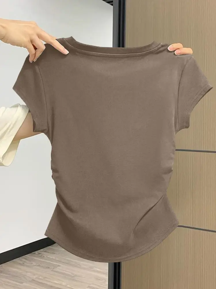 Y2K T Shirt Women Waist Gathered Slim Fit Short Sleeve Solid Color Summer Casual Streetwear Korean Fashion Vintage Women Clothes