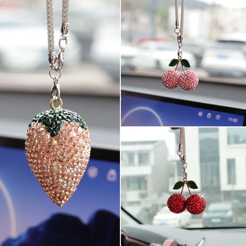Cherry & Strawberry Car Interior Rhinestone Hanging Charm - Car Decor Accessories & Pendant