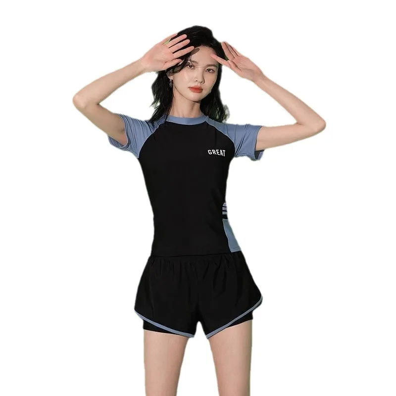 Sports Two-piece Swimsuit with Short Sleeves High Waisted Double Layered Shorts Suitable for Beach Swimming Pool Training