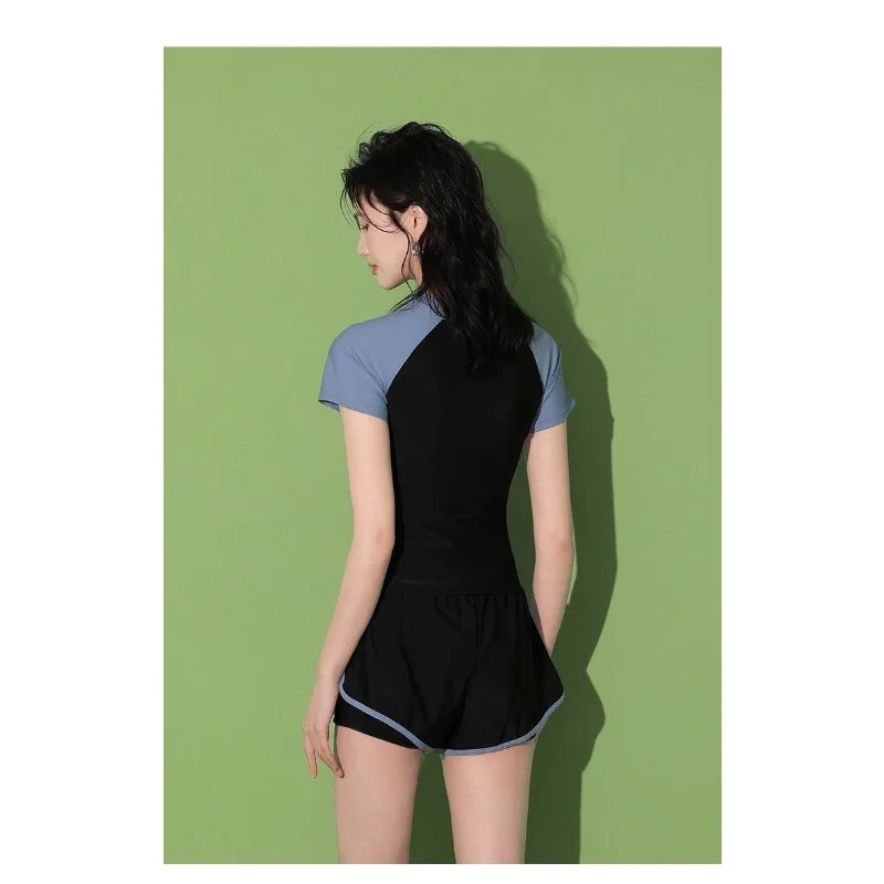 Sports Two-piece Swimsuit with Short Sleeves High Waisted Double Layered Shorts Suitable for Beach Swimming Pool Training