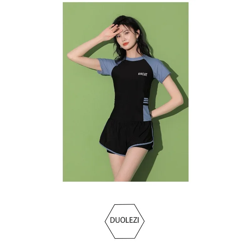 Sports Two-piece Swimsuit with Short Sleeves High Waisted Double Layered Shorts Suitable for Beach Swimming Pool Training