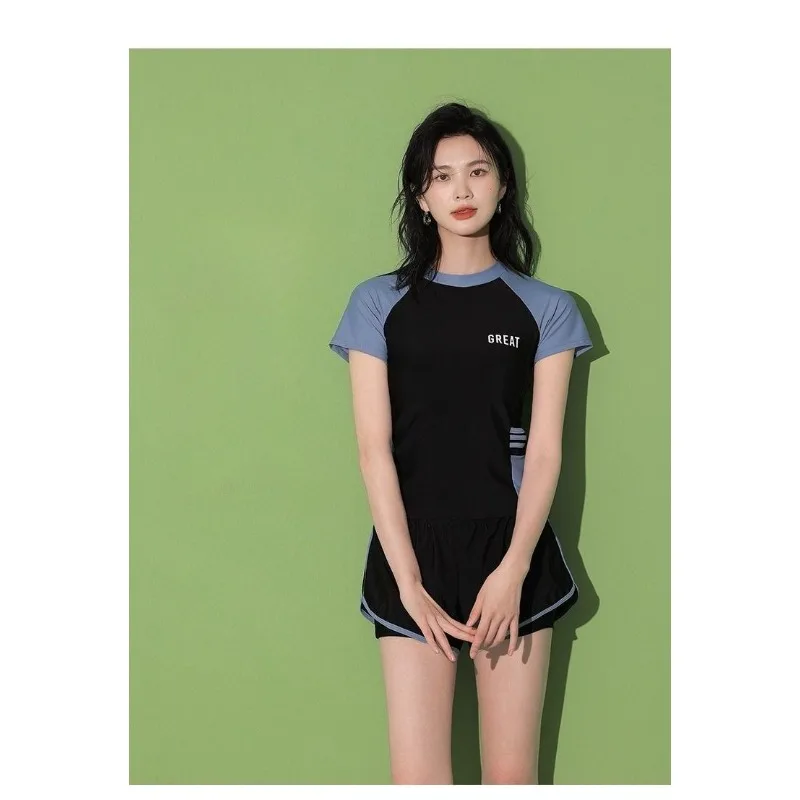 Sports Two-piece Swimsuit with Short Sleeves High Waisted Double Layered Shorts Suitable for Beach Swimming Pool Training